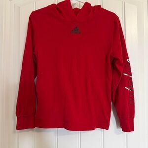 adidas Red Long-Sleeve Hooded Tee with Logo Sleeve